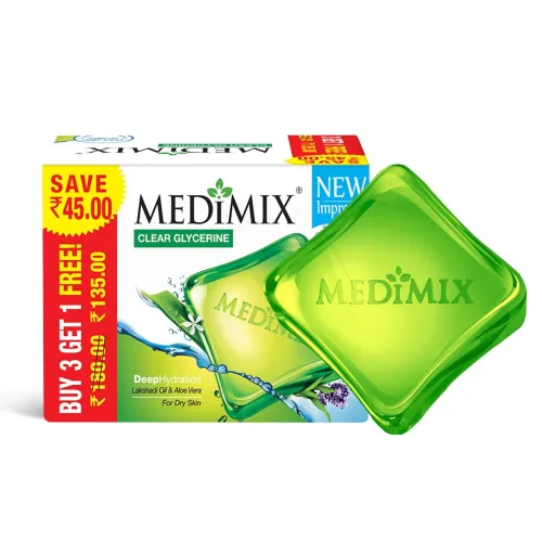 Image of Medimix Clear Glycerine Bathing Bar Soap for Dry Skin 100g (3 + 1 Combo Pack) | Infused with Lakshadi Oil & Aloe Vera | 