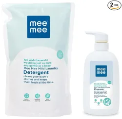 Mee Mee Anti-Bacterial Baby Liquid Cleanser for Fruits, Bottles, Accessories & Toys (500 ml - Bottle & Mild Baby Liquid Laundry Detergent Refill Pack, 1.2L Combo