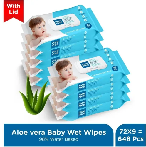 Image of MeeMee Soft Cleansing Baby Wet wipes with Lid | Aloe vera - Pack of 9  (648 Wipes)