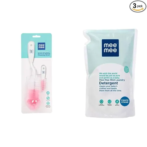 Image of Mee Mee Bottle and Nipple Cleaning Brush with 360-Degree Rotary Handle, Pink & Mild Baby Liquid Laundry Detergent Refill