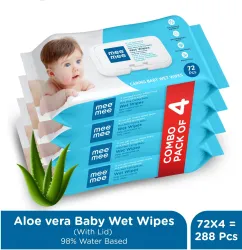 MeeMee Soft Cleansing Baby Wet Wipes with Lid (Aloe Vera, Pack of 4 - 288 Wipes)