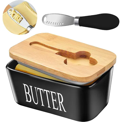 Image of MEETOZ Ceramic Butter Dish with Wooden Lid & Stainless Steel Knife, Airtight Butter Keeper for Counter or Fridge, Double