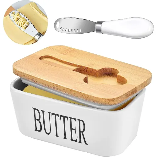 Image of MEETOZ Ceramic Butter Dish with Wooden Lid, Airtight Butter Keeper for Counter or Fridge with Stainless Steel Multipurpo