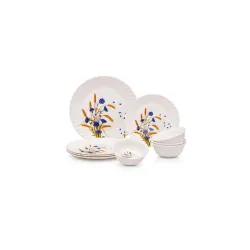 Melamine Dinner Set 18 Pieces, White with Blue & Yellow Floral Design, 6 Full Plates 6 Half Plates 6 Bowls, Lightweight Tableware Set for Home & Dining, Pack of 1