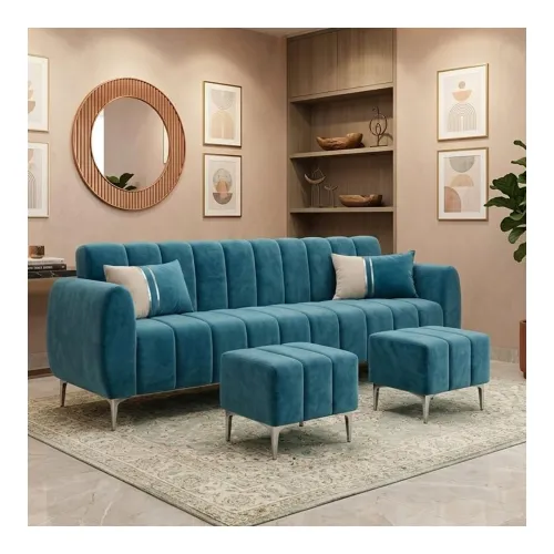 Image of Melody 5 Seater Modular L Shape Sofa Set with 2 Ottoman| Soft Velvet Upholstery
