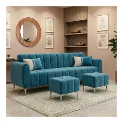 Melody 5 Seater Modular L Shape Sofa Set with 2 Ottoman| Soft Velvet Upholstery