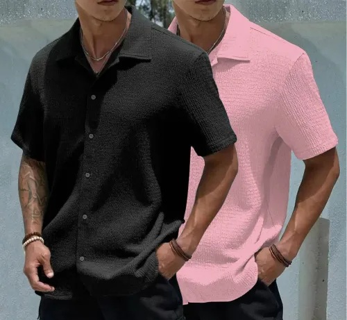 Image of COMBRAIDED  Men Slim Fit Solid Cut Away Collar Casual Shirt (Pack of 2)