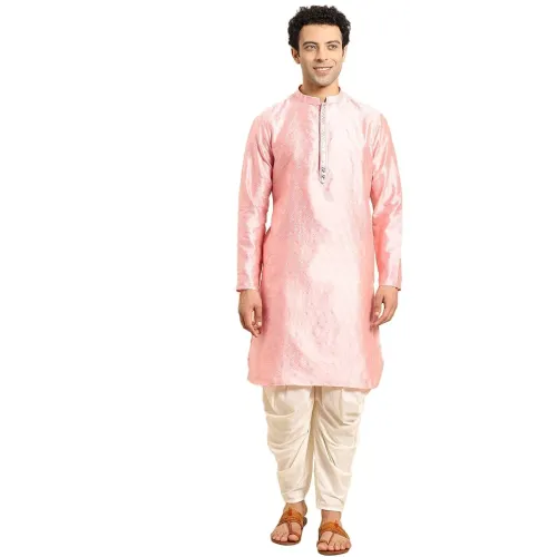 Image of Men's Cotton Blend Regular Fit Striped Kurta with Embroidered Packet