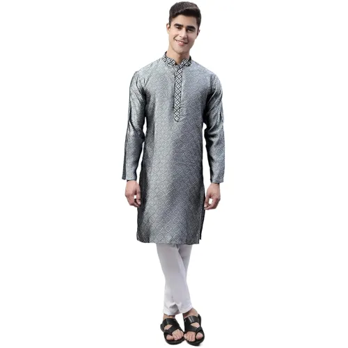 Image of Men's Embroidered Silk Jacquard Kurta Pyjama Set
