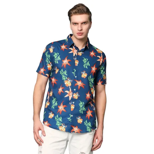 Image of Mens Printed Casual Shirts Short Sleeves Button Down Tropical Shirt