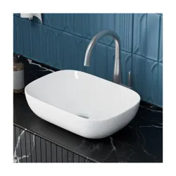META Premium Ceramic Table Top Wash Basin | Smooth Curved Rectangular Countertop Vessel Sink for Bathroom | Sleek White Glossy Finish | Modern Luxury Vanity Basin (20x14x5.5 Inch)