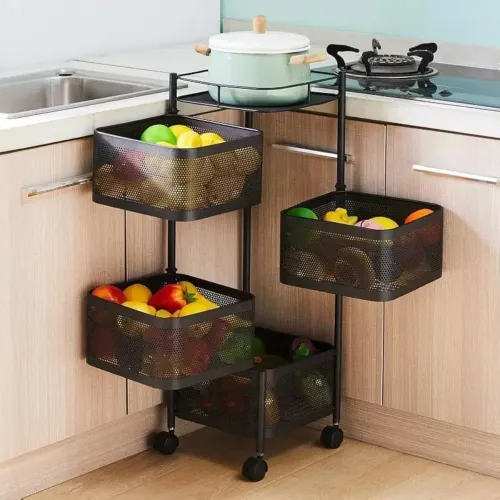 Image of Metal 4 Layer Kitchen Rotating Trolley Portable Storage Rack Square Design Fruits & Vegetable Onion Cutlery, Spice, Jars