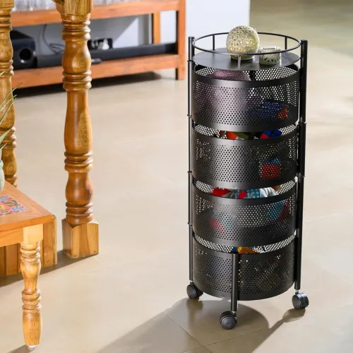 Image of Metal Mesh Rotating Storage Trolley 4-Layer
