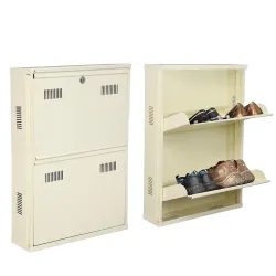 Metal Wall Mounted Shoe Rack with Lock | 2 Door Metal Shoe Cabinet for 4 Pairs | 20 Inch Slim Shoe Rack Metal | Moisture Resistant Wall Mount Shoe Rack for Home Entrance Hallway, Ivory