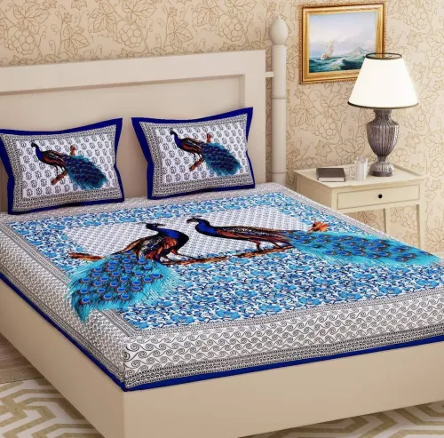 Image of METRO LIVING 144 TC Cotton Double Jaipuri Prints Flat Bedsheet  (Pack of 1, Blue)