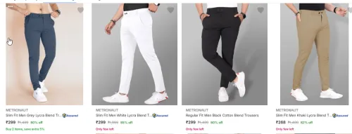 Image of Metronaut Men’s Slim Trousers Starting @ ₹299