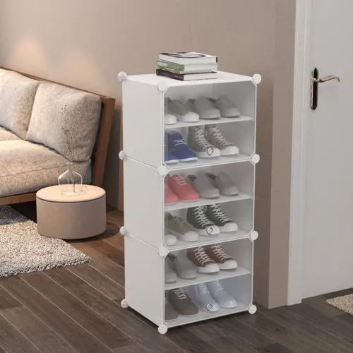 Image of MEZIRE 3 Door 6 Shelf Plastic Metal Plastic Collapsible Shoe Stand Metal, Plastic Shoe Stand (WHITE, 6 Shelves, DIY(Do-I