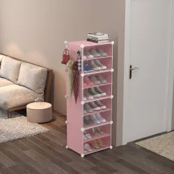 MEZIRE 4 Door 8 Shelf Plastic Metal Plastic Collapsible Shoe Stand Metal, Plastic Shoe Stand (PINK, 8 Shelves, DIY(Do-It