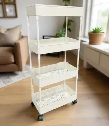 MGKENTERPRISE 4 Compartments plastic 4-tier Storage Rack with Wheels Convenient Movable Floor (White)