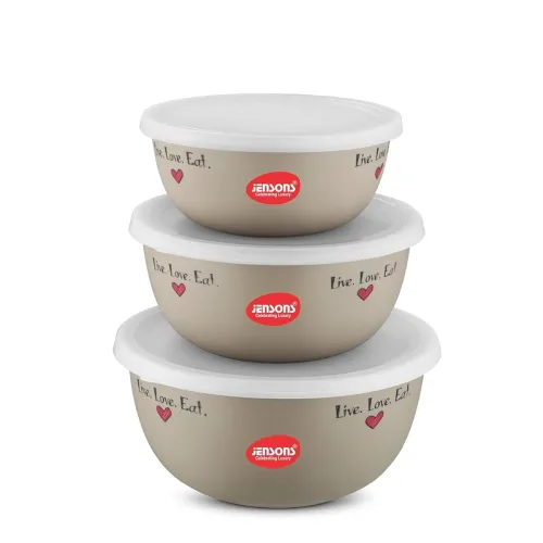 Image of JENSONS Microwave and Oven Safe Stainless Steel Bowls with Lids | 3 Pieces | 600 ml to 1300 ml | Airtight and Leakproof 