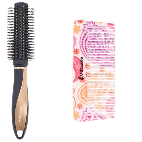 Image of Midazzle Premium Round Hair Brush and Floral Comb Set, 2 Pieces, Travel-Friendly Beauty Tools