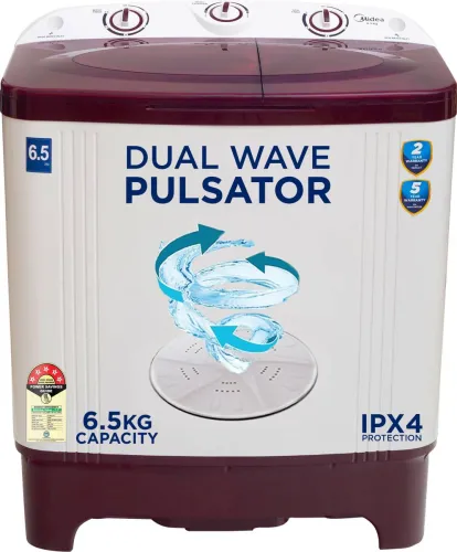 Image of Midea 6.5 kg 5 Star Rust Proof Body ,Rat Away Feature Semi Automatic Top Load Washing Machine Maroon, White  (MWMSA065PP