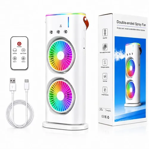 Image of MIKANIX Dual Fan Air Cooler with Mist Spray | Portable Cooling Fan, 90° Oscillation, Remote Control, RGB Ambient Lightin