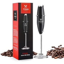 Milk Frother for Coffee Included with Stainless Steel Stand, 2AA Cell, Improved High Speed Motor 19000 RPM, Coffee Frother Handheld Foam Maker for Lattes, Cappuccino, Frappe, Matcha (Black)