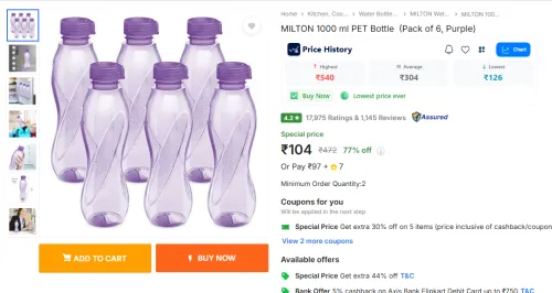 Image of MILTON 1000 ml PET Bottle (Pack of 6)