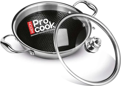 Image of MILTON Pro Cook Triply Hexa Tech Induction Stainless Steel Kadhai with Glass Lid, 20 cm Kadhai 20 cm diameter with Lid 1
