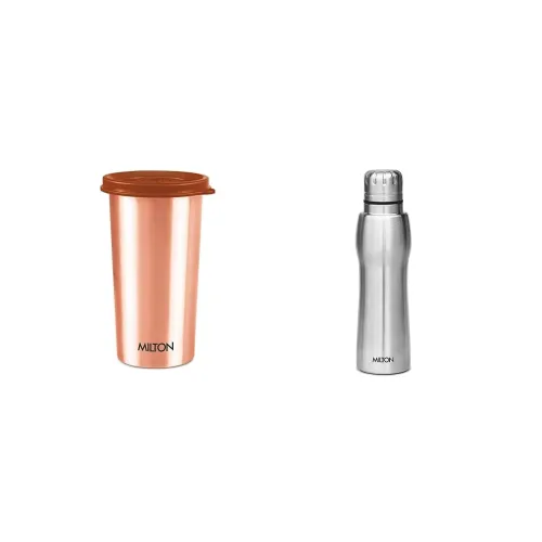 Image of MILTON Copper Drinking Water Tumbler with Lid, 1 Piece, 480 Ml & Elate 750 Water Bottle, 635 Ml, Silver (Pack of 1)