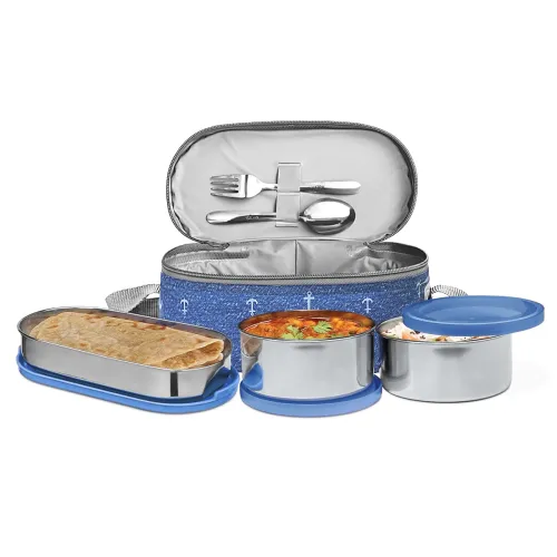 Image of MILTON Corporate Lunch Box Stainless Steel Tiffin (2 Round Container 280 ml Each and 1 Pc Oval Container 500 ml) with Ba