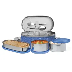 MILTON Corporate Lunch Box Stainless Steel Tiffin (2 Round Container 280 ml Each and 1 Pc Oval Container 500 ml) with Ba