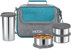 MILTON Daily Meal Stainless Steel Lunch Box with Bag (Teal Green, 3 Containers & Tumbler)