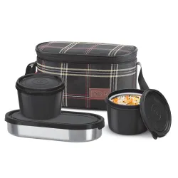 Milton Decker Lunch Box with Insulated Fabric Jacket, 2 Inner Stainless Steel Containers 450 ml Each & 1 Oval Stainless 