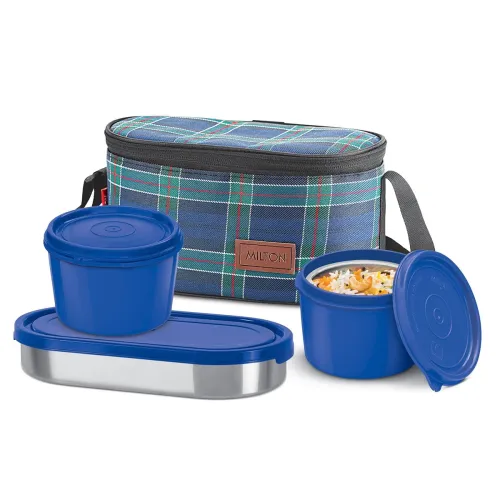 Image of MILTON Decker Lunch Box with Insulated Fabric Jacket, 2 Inner Stainless Steel Containers 450 ml Each & 1 Oval Stainless 