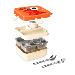 MILTON Dino Pop Bento Stainless Steel Lunch Box, 3 Compartments, 4-Side Lock, with Tray, Spoon, Fork & Container for School, Office, Travel, BPA Free, 1120 ml + 70 ml, Peach