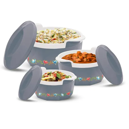 Image of MILTON Elegance Jr. Inner Stainless Steel Casserole Gift Set Of 3 (395 Ml, 750 Ml, 1.35 Litres), Grey | Pu Insulated | B