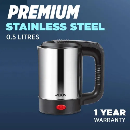 Image of MILTON Euroline Electric Travel Kettle With Handle, 1000 Watt Beverage Maker (0.5 L, Silver)