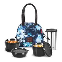 Milton Floret Lunch Box with Insulated Fabric Jacket  Stainless Steel Containers 180ml, 320ml, 320ml