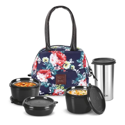 Image of MILTON Floret Lunch Box with Insulated Fabric Jack Microware Safe Inner Stainless Steel Containers 