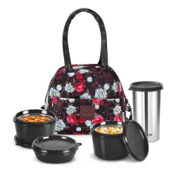 Milton Floret Lunch Box with Insulated Fabric Jacket, 3 Microware Safe Inner Stainless Steel Containers 180ml, 320ml, 320ml &Tumbler with lid 415ml, Leakproof Tiffin for Office, College, Pic...