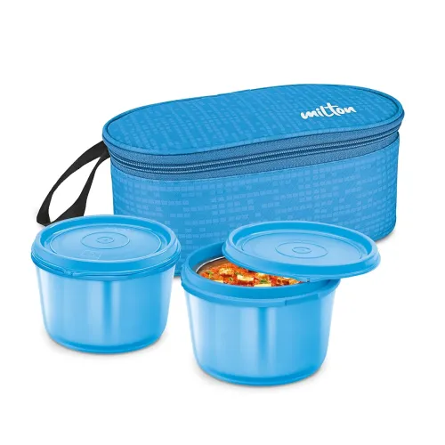 Image of MILTON Graze Big Lunch Box, 2 Round Inner Steel Microwave Safe Containers 450 ml Each with Insulated Bag, Odour Proof, T