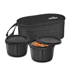 MILTON Graze Big Lunch Box, 2 Round Inner Steel Microwave Safe Containers 450 ml Each with Insulated Bag, Odour Proof, T