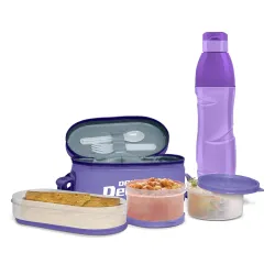 MILTON Hydrameal Combo Set Lunch Box with Insulated Jacket & 490 ml Water Bottle, 3 Containers (450 ml, 280 ml, 280 ml), Microwavable & Leak-Proof Tiffin for Office, School & College, Purple