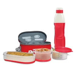 MILTON Hydrameal Combo Set Lunch Box with Insulated Jacket & 490 ml Water Bottle, 3 Containers (450 ml, 280 ml, 280 ml), Microwavable & Leak-Proof Tiffin for Office, School & College, Red