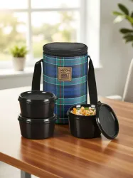 MILTON Lofty Tiffin (3 Containers,1 X 320 ml, 2 X 450 ml each) With Jacket, Navy Blue 3 Containers Plastic Office Lunch 
