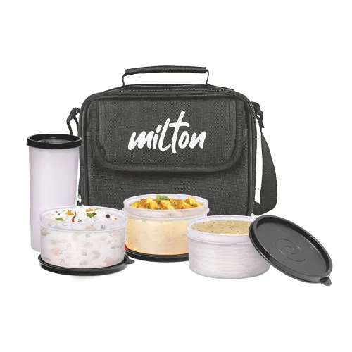 Image of MILTON New Meal Combi Lunch Box with Insulated Fabric Jacket, 3 Microware Safe Plastic Containers 280 ml Each & Tumbler 