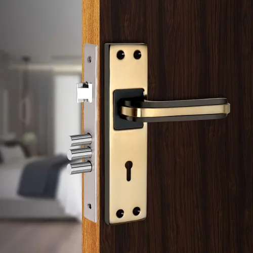 Image of Milton Iron MHI-Liner Black.Gold 7 Inch Iron Mortise Lock Set with Lock Handle,Finish, Black Gold 175 mm x 40 mm Plate, 