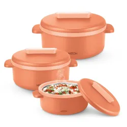 MILTON Micronova Jr. Gift Set Inner Stainless Steel Casserole, Set of 3 (380 ml, 775 ml, 1345 ml), Peach, BPA Free, Food Grade, Hot and Cold, Microwaverable Steel, Dishwasher Safe, Chapati,....